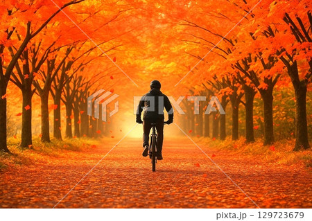 秋の紅葉に包まれる人々の散策　日本の秋を感じる風景素材 129723679