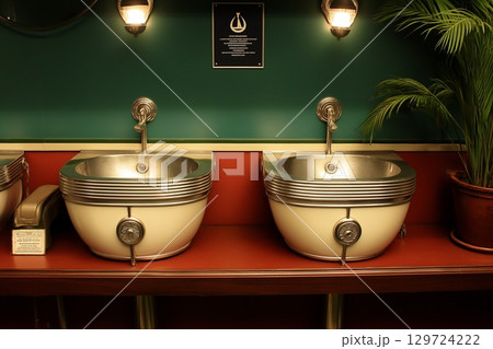 レトロなアールデコ風クロームとクリーム色のシングル洗面台 129724222