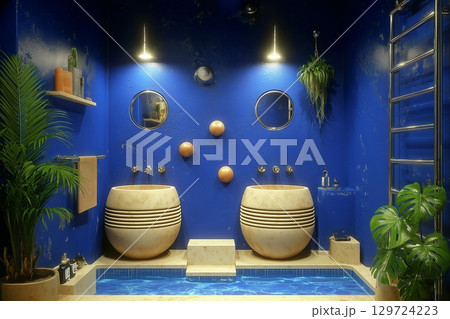 青いバスルーム、丸型洗面台と鏡、植物、自然素材の空間 129724223