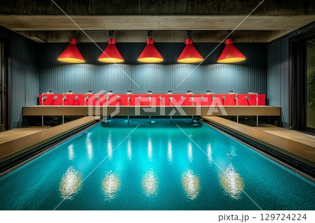 屋内プール、青い水と赤い照明、木製ベンチの建築写真 屋内プール、青い水と赤い照明、木製ベンチの建築写真 129724224