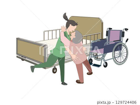 倒れそうな老人を助けている介護士のカラーイラスト 129724406