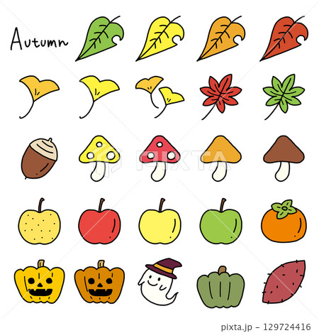 手描きのかわいい秋の素材イラストセット 手描きのかわいい秋の素材イラストセット 129724416