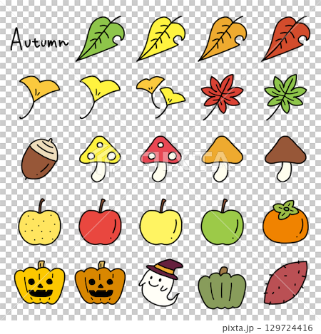 手描きのかわいい秋の素材イラストセット 手描きのかわいい秋の素材イラストセット 129724416
