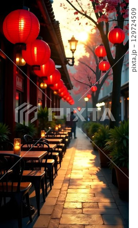 A narrow street with Japanese red lights tree 129724509