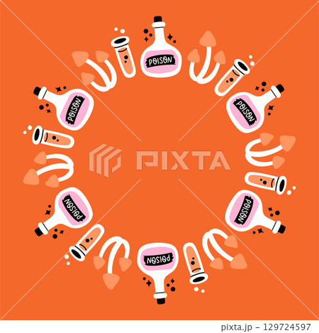 Simple Halloween circle frame. Cute Halloween frame border on orange background. The round vector design with soft colors, perfect for spooky autumn decorations, banners, stickers, ads, sale. 129724597