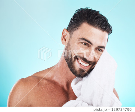Shower, towel and man cleaning face during morning dermatology treatment, luxury bathroom routine or beauty self care. Spa salon, wellness and model with skincare glow, facial healthcare and hygiene 129724790