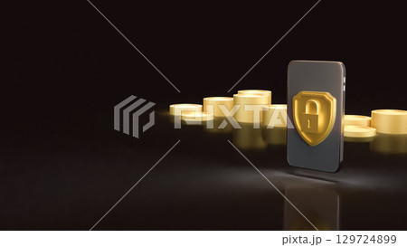 The Gold shield and Mobile for Security concept 3d Rendering. 129724899