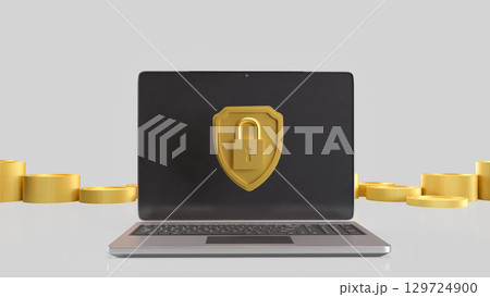 The Gold shield and Laptop for Security concept 3d Rendering. 129724900