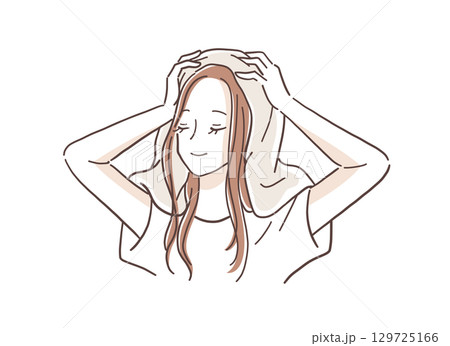 洗髪後に髪をタオルで拭く女性のイラスト素材 洗髪後に髪をタオルで拭く女性のイラスト素材 129725166