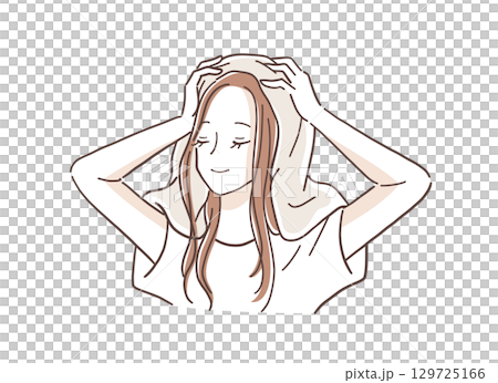 洗髪後に髪をタオルで拭く女性のイラスト素材 洗髪後に髪をタオルで拭く女性のイラスト素材 129725166