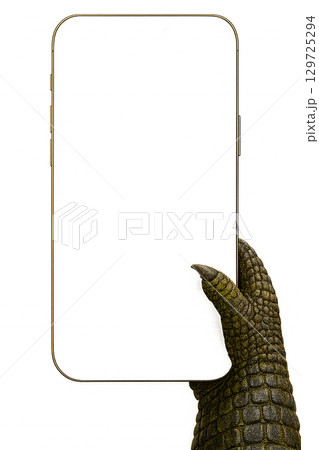 白い背景にスマホを持つ爬虫類の手（前足） 129725294