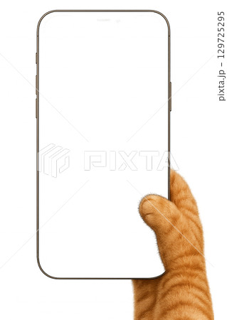 白い背景にスマートフォンを持つ猫の手 129725295