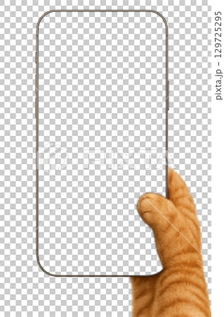 白い背景にスマートフォンを持つ猫の手 129725295