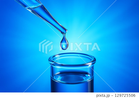 AI generated close up of a blue droplet falling from a dropper into a blue filled test tube with radiant blue background representing science medicine and research precision 129725506