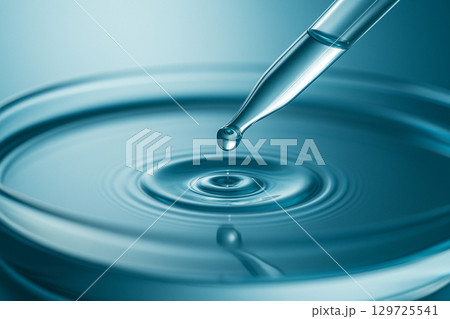 AI generated macro shot of a clear pipette releasing a droplet into still liquid creating delicate ripples symbolizing precision cleanliness and scientific innovation 129725541