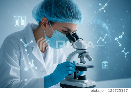 AI generated scientist using microscope in laboratory with digital data overlay showing molecular icons and real time analysis in a clean modern biotechnology research environment 129725557