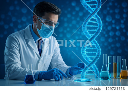 AI generated scientist in modern biotechnology lab wearing safety gear surrounded by glowing DNA helix molecular graphics and colorful liquids symbolizing genetic research and innovation 129725558