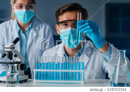 AI generated image of a male scientist in protective gear inspecting a blue liquid test tube with another scientist in the background in a clean professional laboratory environment 129725581