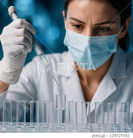 AI generated close up of female scientist in white coat and gloves using pipette to transfer liquid into test tubes in a clean modern laboratory environment 129725582
