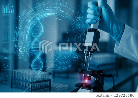 AI generated gloved hand operating lab instrument with holographic DNA interface and digital data graphics symbolizing advanced scientific research and biotechnology innovation 129725590