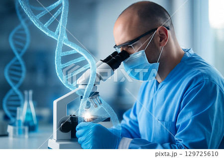 AI generated scientist using microscope in advanced genetics lab with glowing DNA strands representing biotechnology molecular biology and innovation in medical science research 129725610