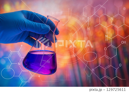 AI generated image of a blue gloved hand holding an Erlenmeyer flask filled with purple liquid with molecular graphics and colorful scientific abstract background representing innovation 129725611
