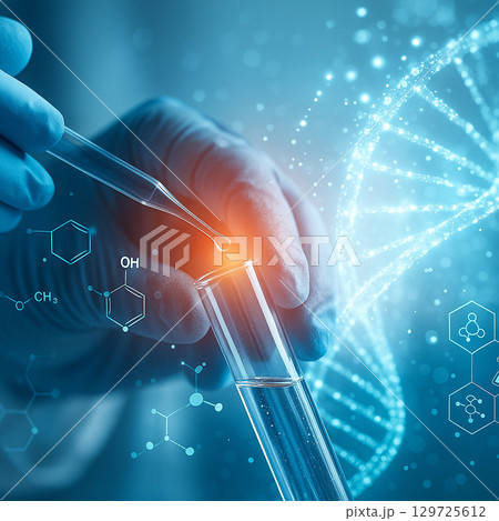 AI generated ultra realistic concept showing gloved hand using pipette with digital molecular graphics and glowing DNA helix representing biotechnology innovation and molecular science 129725612
