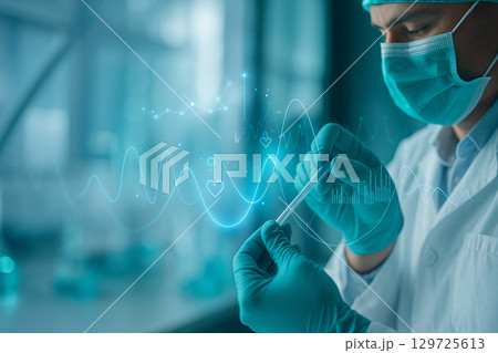 AI generated futuristic scene of a scientist in protective gear analyzing molecular data with glowing blue overlays in a clean modern laboratory environment 129725613