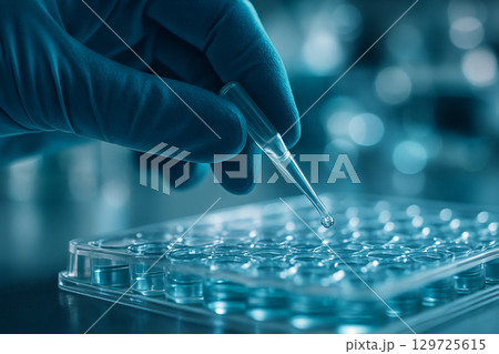 AI generated close up of gloved hand using pipette to transfer clear liquid into multiwell plate in modern laboratory with clean blue tone and precise scientific atmosphere 129725615
