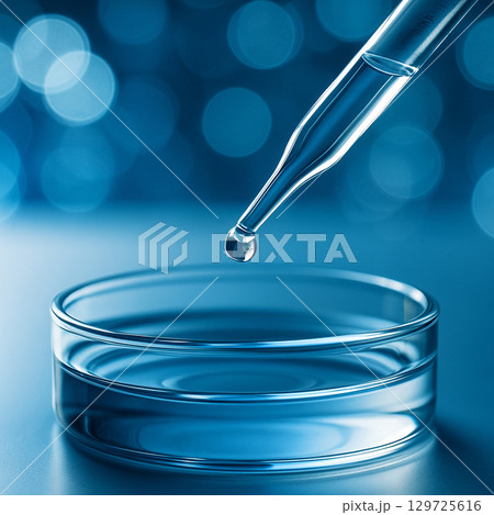 AI generated macro image of a clear pipette releasing liquid into a petri dish with smooth reflective surface and blue bokeh background symbolizing accuracy cleanliness and science 129725616