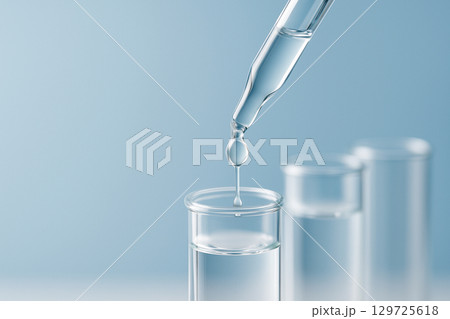 AI generated close up of a clear liquid droplet falling from a dropper into a test tube with soft blue gradient background symbolizing science precision and purity 129725618