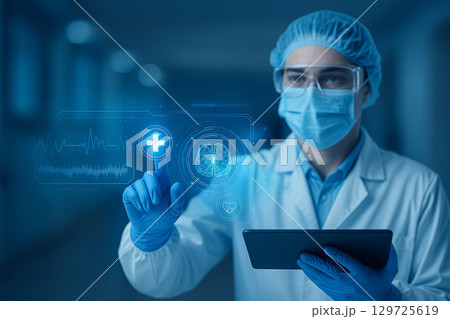 AI generated futuristic medical laboratory scene with scientist using virtual interface displaying health icons brain data and medical analysis in a clean blue high tech environment 129725619