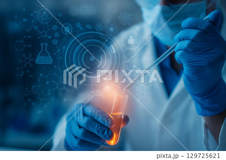 AI generated image of scientist using pipette with glowing droplet surrounded by holographic molecular and medical icons representing advanced research and biotechnology 129725621