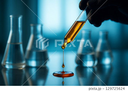 AI generated close up of amber liquid dripping from glass test tube onto surface with laboratory flasks in blurred cool blue background symbolizing precision and scientific research 129725624