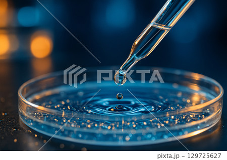 AI generated close up of a droplet from pipette falling into a petri dish with blue liquid and golden bokeh background creating a modern science atmosphere AI generated close up of a droplet from pipette falling into a petri dish with blue liquid and golden bokeh background creating a modern science atmosphere 129725627