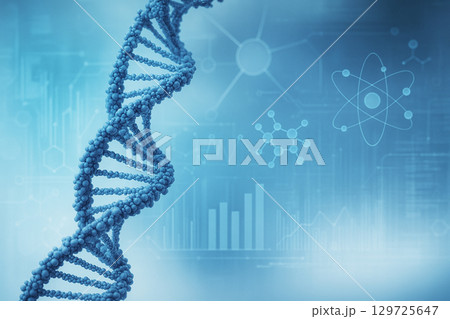 AI generated 3D DNA double helix with molecular structures and scientific data graphics in cool blue tones representing genetics biotechnology and advanced biological research AI generated 3D DNA double helix with molecular structures and scientific data graphics in cool blue tones representing genetics biotechnology and advanced biological research 129725647