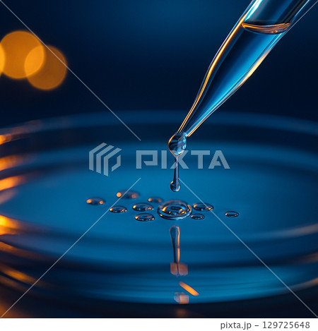 AI generated macro image of a pipette releasing a droplet into a small glass container with golden bokeh lights and cool blue tones symbolizing precision cleanliness and innovation in science AI generated macro image of a pipette releasing a droplet into a small glass container with golden bokeh lights and cool blue tones symbolizing precision cleanliness and innovation in science 129725648