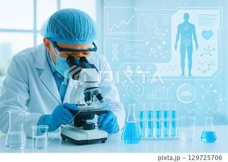 AI generated image of a scientist using a microscope with infographic data and lab equipment representing advanced medical and biological research 129725706