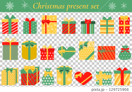 Set of gift boxes and presents with Christmas colored ribbons 129725908