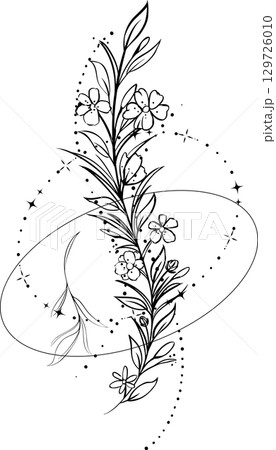 手書きの葉っぱ・花のおしゃれな線画イラスト素材 129726010