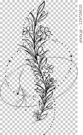 手書きの葉っぱ・花のおしゃれな線画イラスト素材 129726010