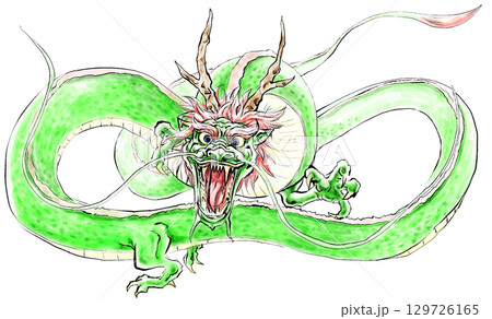 東洋風、和風の緑色の龍 伝説上の生き物の咆哮 のイラスト素材