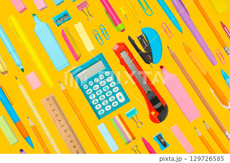 Colorful school supplies ready for new classes Colorful school supplies ready for new classes 129726585