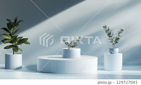 Minimalist Home Decor with Plants and White Platforms 129727041