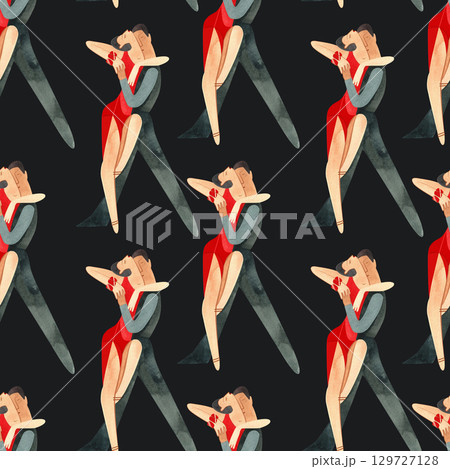 Dancing as a hobby for adults. ProAm in a dance studio. Seamless watercolor pattern for textile and fabric design for training dresses, bodysuits and suits. Merch for a dance studio. 129727128