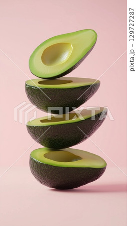 A stack of avocados slice balancing on top with pink solid background A stack of avocados slice balancing on top with pink solid background 129727287