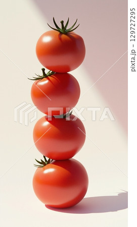 A stack of tomato fruit balancing on top with pink solid background 129727295