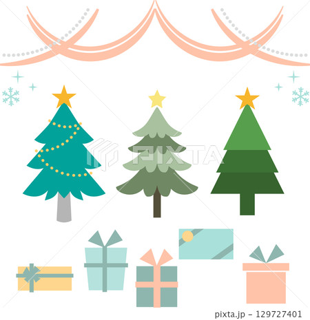 クリスマスツリーとプレゼントのイラスト素材セット 129727401