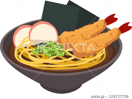 japanese food ramen bowl with tempura shrimp udon noodles fish cake seaweed and green onion 129727756