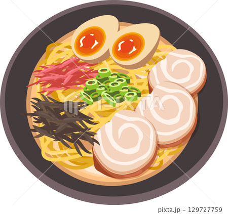 top view of delicious japanese ramen bowl with noodles pork slices soft boiled egg and toppings 129727759